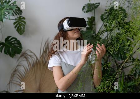 Home gardening, metaverse. Woman using VR glasses in greenhouse, touching plant. Augmented reality.  Stock Photo
