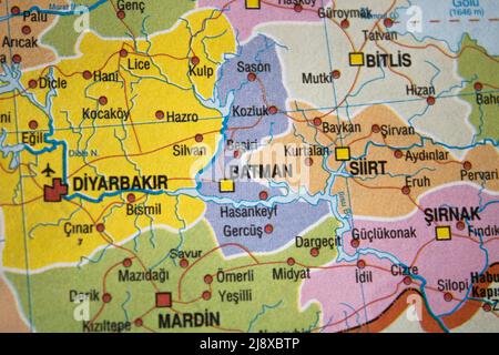 Close-up photo of Batman City in Turkey on the map Stock Photo