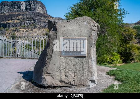 Twin Falls, ID, USA - Sept 12, 2021: The Shoshone Falls Park stone marker Stock Photo