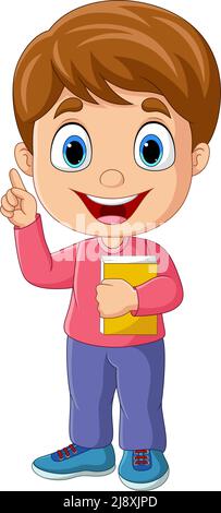 Cartoon little boy with book and pointing up Stock Vector