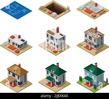 House construction phases from drawing to finished building isometric icons set isolated vector illustration Stock Vector