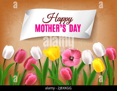 Mothers day background with realistic images of colourful flowers with green stems leaves and editable text vector illustration Stock Vector