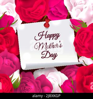 Mothers day frame composition of paper with place for editable ornate text surrounded by rose flowers vector illustration Stock Vector