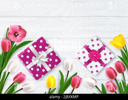 Mothers day composition with top view of polka-dot gift boxes and flowers on wooden background vector illustration Stock Vector