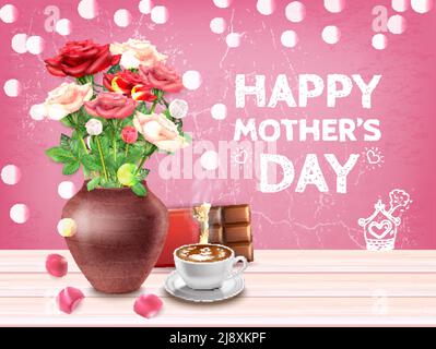 Mothers day composition with background text and view of table with flower bowl coffee and sweets vector illustration Stock Vector