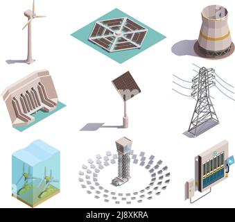 Green energy production isometric icons set with wind tidal power generators solar station hydroelectric plant vector illustration Stock Vector