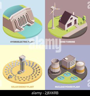 Green energy production concept 4 isometric icons with wind turbine hydroelectric and solar energy plants vector illustration Stock Vector