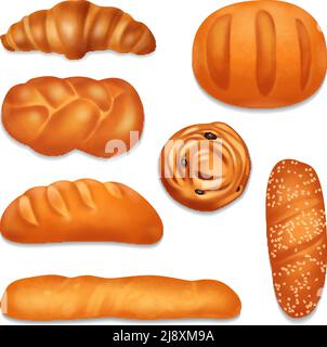 Bakery set of realistic bread loaves wheat ears and wooden rolling pin ...