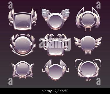 Game level metallic ui icons, empty silver or steel badges, banners with wings, spider or laurel wreath. Isolated metal award frames or bonus graphic elements, trophy achievement vector set for rpg Stock Vector