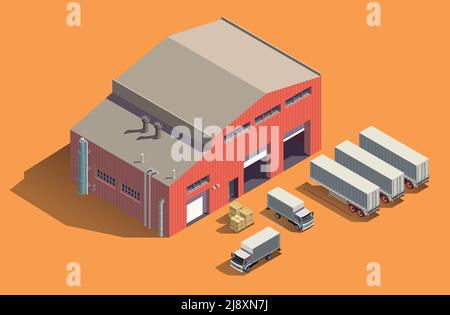 Industrial buildings isometric composition with fabric storage shed and set of trucks with containers and boxes vector illustration Stock Vector