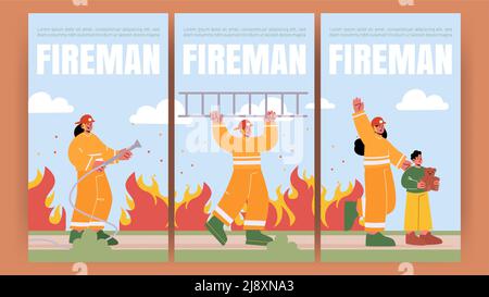Fireman banners with professional fire fighters with water hose and ladder. Vector vertical posters with flat illustration of fire brigade, man and woman in helmet and safety costume rescues kid Stock Vector