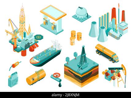 Isolated and isometric oil industry icon set with different elements and equipment describing the industry vector illustration Stock Vector