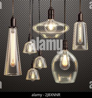 Hanging clear glass lamps with glowing filament antique led light bulbs realistic dark gradient transparent set vector illustration Stock Vector