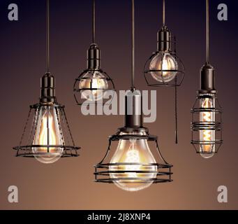 Loft edison vintage metal wire frame hanging  lamps with soft glowing light bulbs realistic set vector illustration Stock Vector