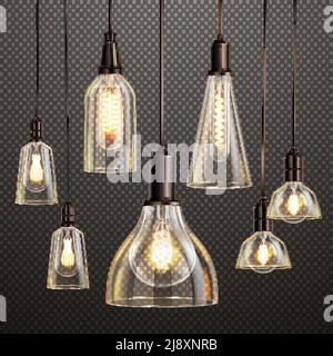 Hanging deco glass lamps with glowing filament antique led light bulbs realistic dark transparent set vector illustration Stock Vector