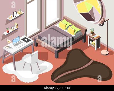 Loft interior isometric background with indoor composition of living room furniture double bed and small workplace vector illustration Stock Vector