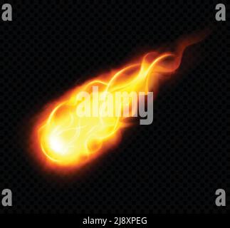 Fireball realistic poster with burning yellow flying astronomical object on black background vector illustration Stock Vector