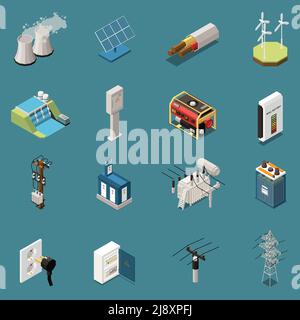 Set of sixteen isolated electricity isometric icons with images of various domestic and industrial electrical infrastructure elements vector illustrat Stock Vector