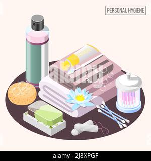 Personal hygiene isometric composition with shower gel soap stack of towels ear cleaning sticks vector illustration Stock Vector