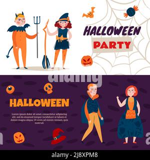 Set of two horizontal halloween kids banners with flat icons and human characters with editable text vector illustration Stock Vector