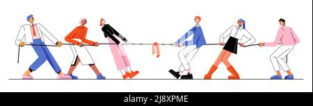 Tug of war competition, two teams pull rope. Active game for business teamwork, solution conflicts. Vector flat illustration of people groups play pulling rope, office contest Stock Vector