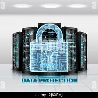 Cloud storage safety data protection realistic composition with padlock on computer disk drive devices symbol vector illustration Stock Vector