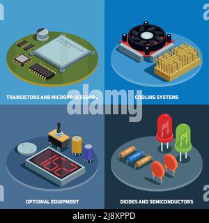 Semiconductor 2x2 design concept set of transistors microprocessors diodes and cooling systems square compositions isometric vector illustration Stock Vector