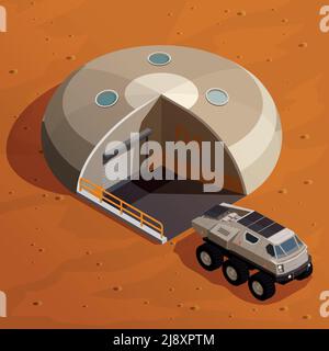 Mars colonization isometric design concept with rover explorer near colony base station on martian landscape background vector illustration Stock Vector