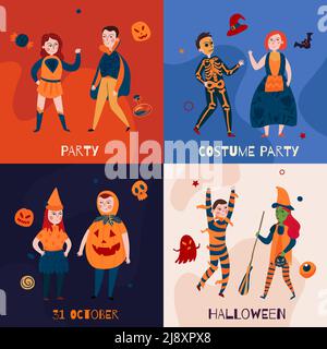 Halloween kids conceptual composition with human characters and traditional costumes with ornate text captions and icons vector illustration Stock Vector