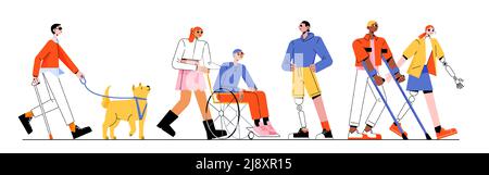 Group of multiracial people with different disabilities. Vector flat illustration of man in wheelchair, blind with guide dog, characters with prosthesis and person on crutches Stock Vector