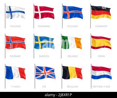 National flags set with Finland and Denmark realistic isolated vector illustration Stock Vector