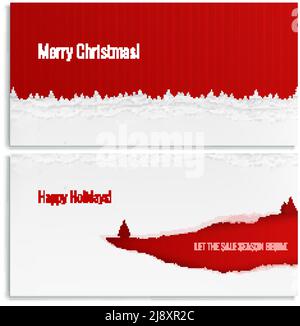 Merry christmas horizontal banners in red and white color with torn paper design realistic isolated vector illustration Stock Vector