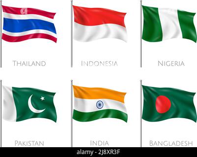 National flags set with Thailand and Indonesia flags realistic isolated vector illustration Stock Vector
