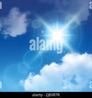 Realistic sun lens flares among white clouds on blue sky background vector illustration Stock Vector