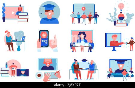 Online education video tutorials language training university college certified courses programs flat elements collection isolated vector illustration Stock Vector