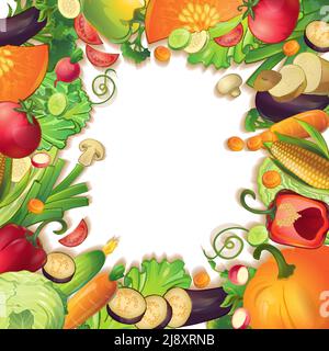 Isolated empty circle surrounded by realistic vegetable fruits and slices symbols conceptual composition on blank background vector illustration Stock Vector