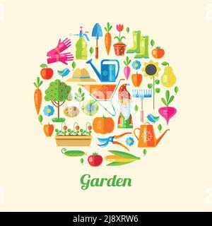 Garden colored poster its many little icons with attributes a gardener in a big circle vector illustration Stock Vector
