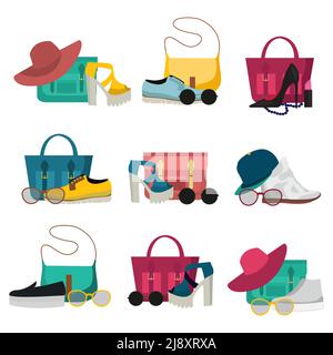 Colored and isolated fashion accessories icon set with womens handbags shoes and hats vector illustration Stock Vector