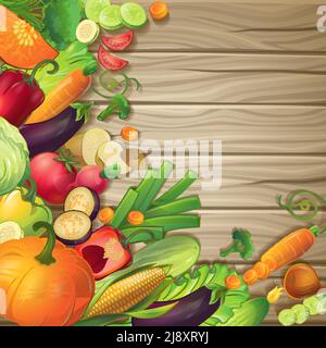 Fresh vegetables on wood conceptual composition with cartoon symbols of ripe organic food on brown wooden background vector illustration Stock Vector