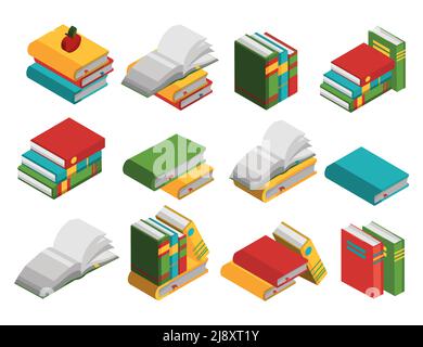 Colored school books isometric icon set closed and open lying and standing on the side vector illustration Stock Vector