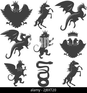 Heraldic animals decorative graphic icons set with horse lion dragon snake eagle crown unicorn isolated vector illustration Stock Vector