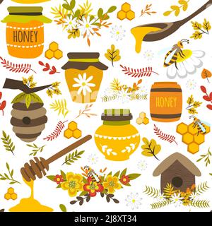 Honey hand drawn seamless pattern with bee products pots barrel flowers leaves on white background vector illustration Stock Vector