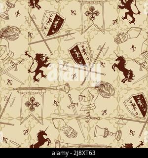 Knight seamless pattern with transparent attributes of warrior and animal silhouettes on beige textural background vector illustration Stock Vector