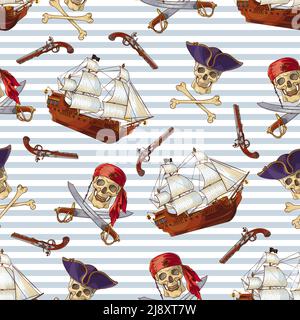 Pirates seamless pattern with jolly roger sailboat guns sabers on blue white horizontal striped background vector illustration Stock Vector