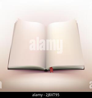 Blank open hardcover notebook 3d design with red bookmark on warm light background vector illustration Stock Vector