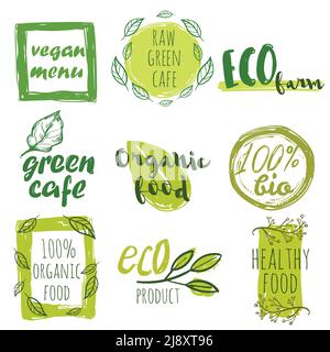 Hand drawn green organic and healthy food tag set  vector illustration Stock Vector