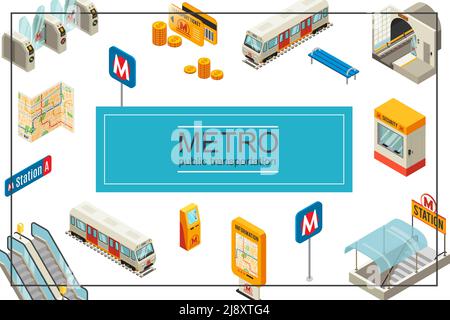Isometric subway concept with train metro station turnstiles coins travel cards train bench security booth information board map atm escalator vector Stock Vector