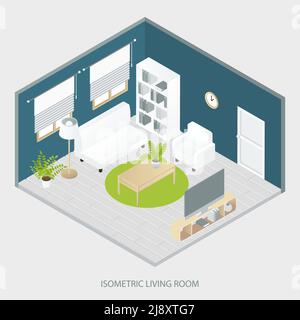 Isometric living room with white and beige furniture round carpet grey parquet floor blue walls vector illustration Stock Vector