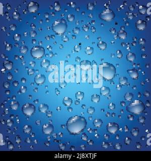 Realistic transparent water drops template with raindrops of different shapes on blue background vector illustration Stock Vector