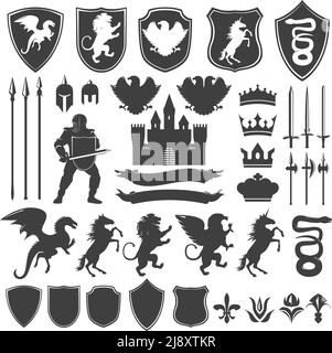 Heraldry decorative graphic icons set with medieval castle edged weapon shields flowers animals crowns isolated vector illustration Stock Vector